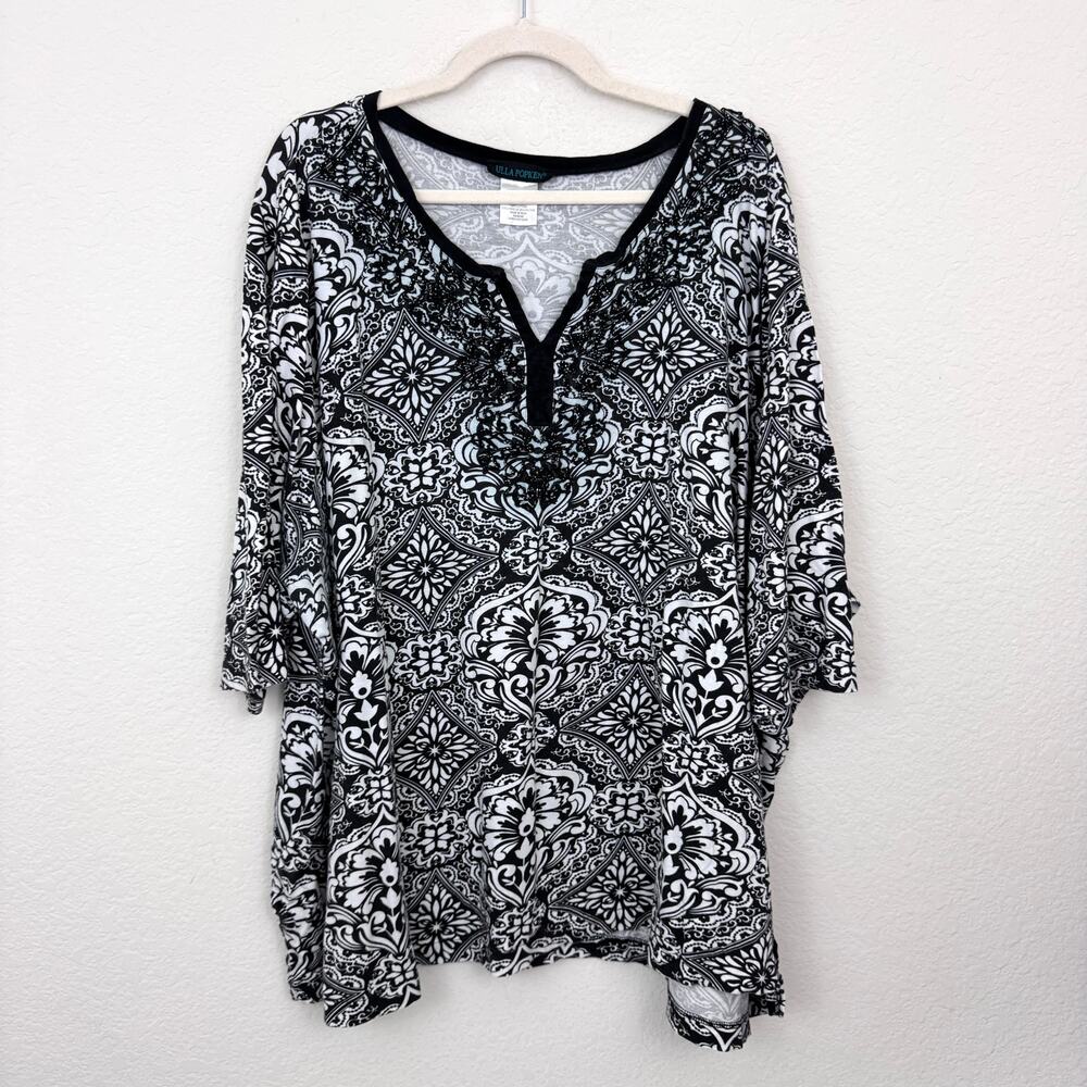 Ulla Popken Womens Blouse Top Size 32 / 34 Embroidered Metallic Floral Black